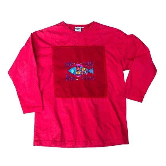 Vintage Johnny Was Women’s Red Long Sleeve Shirt Embroidered Fish One Size - Picture 1 of 8